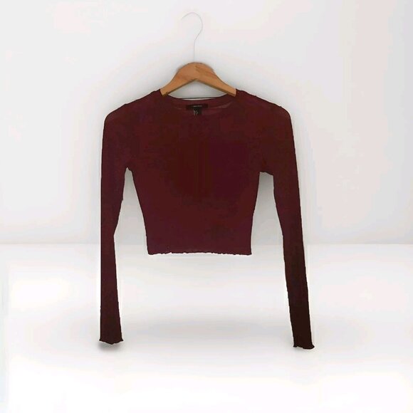 FOREVER 21 Women’s Size Small Mesh Crop Top Red Wine & Gold Shimmer Long Sleeve - Picture 3 of 16